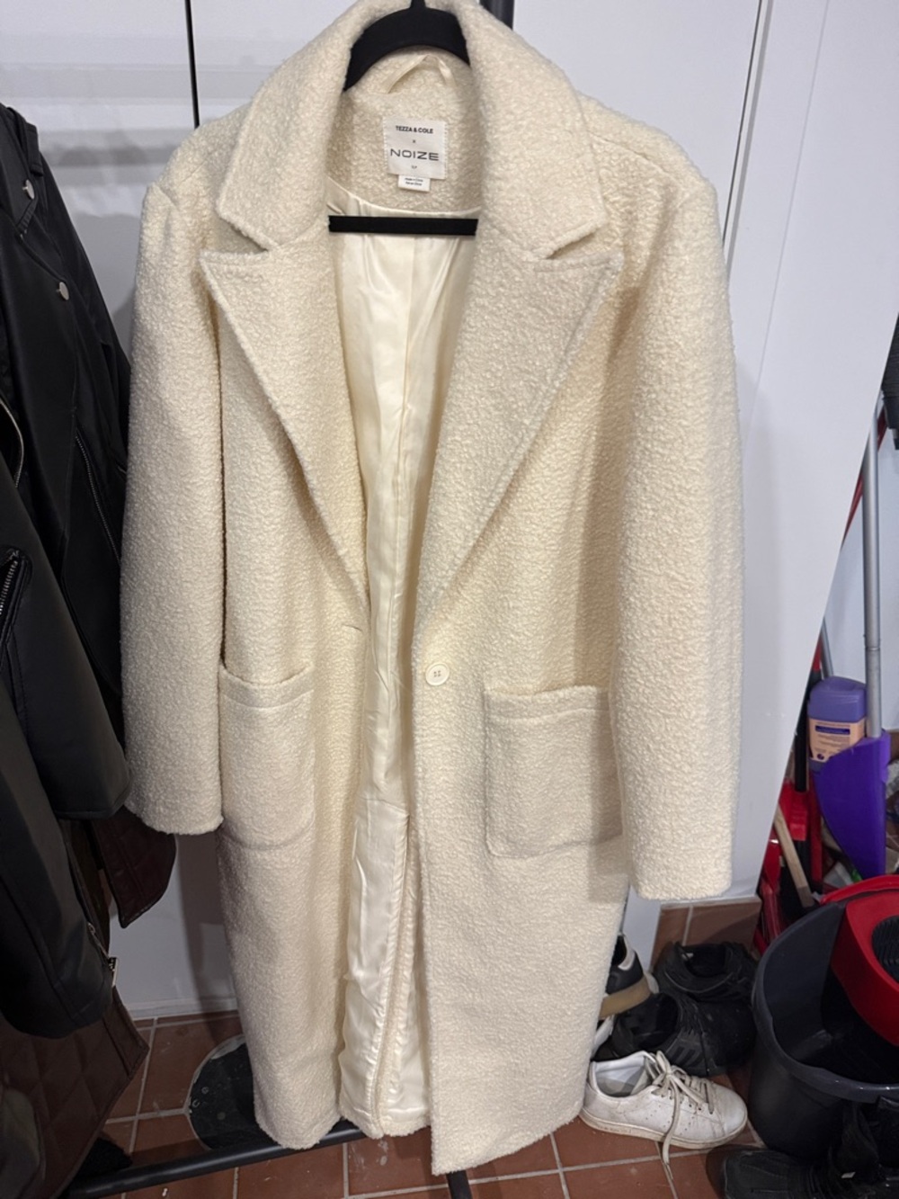 Noize Cream Teddy Bouclé Coat with Patch Pockets